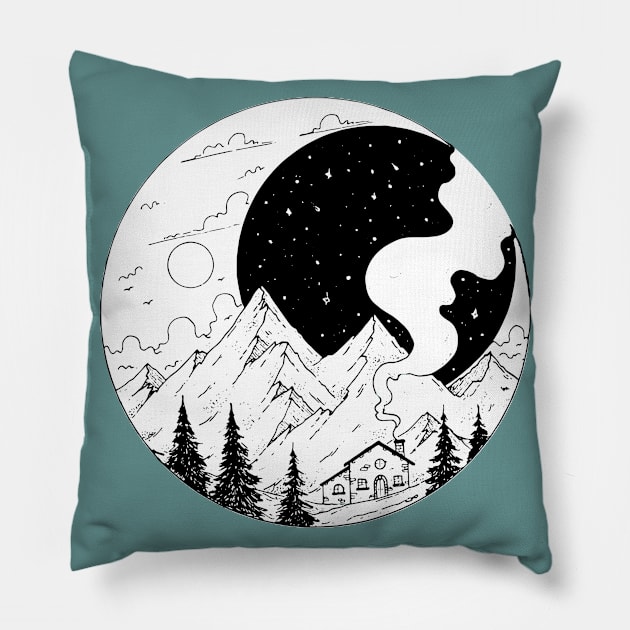 retro holidays mountain cabin Pillow by lazykitty