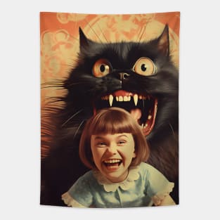 Vintage Little Girl and Creepy Cat - Enchanting Retro Art Tapestry