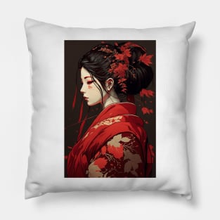 Japanese Beauty with Red Kimono Pillow