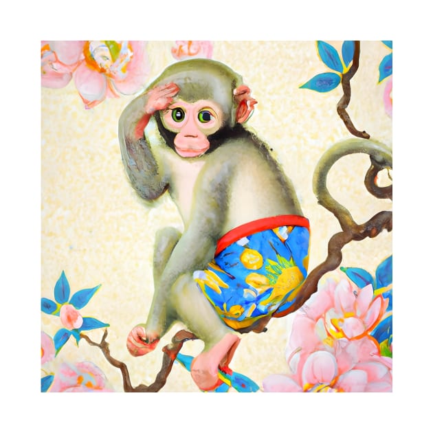 Chinoiserie monkey on magnolia tree by SophieClimaArt