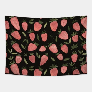 Watercolor strawberries pattern - dusty pink on dark background Tapestry