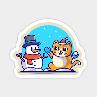 Cute Cat With Snowman Cartoon Vector Icon Illustration Magnet