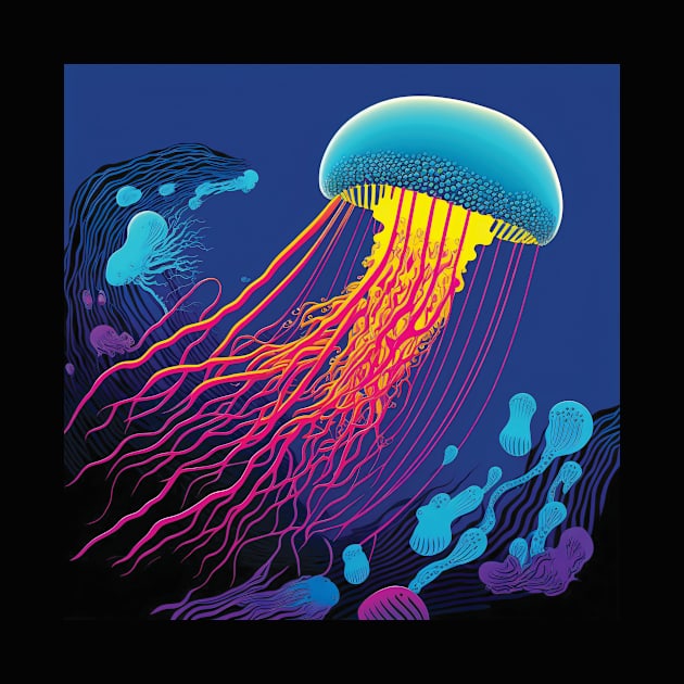 Blue, Pink and Yellow Jellyfish Swimming Underwater in the Ocean by Geminiartstudio