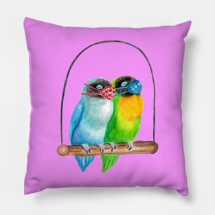 Sleepy Lovebirds Wearing Masks Illustration Pillow