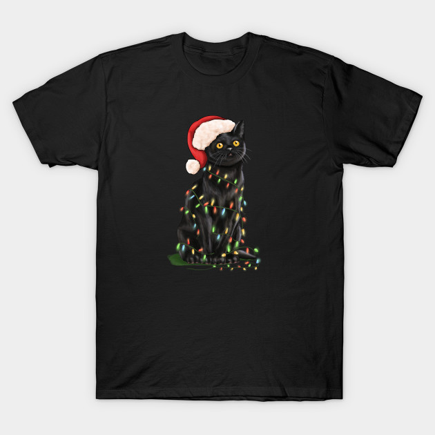 Black Cat Christmas Lights With A Santa Hat Dark T Shirt Black Cat Christmas Lights T Shirt Teepublic