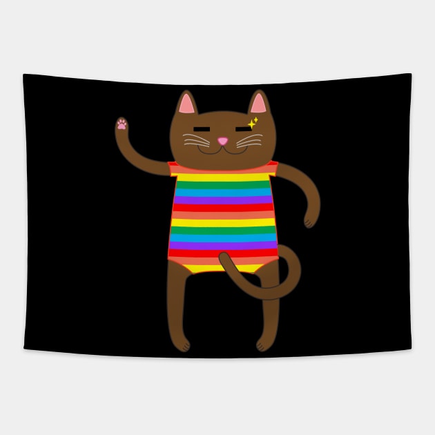 Brown Cat Wearing a Rainbow Striped Onesie One Piece Swimsuit Tapestry by Babey Bog