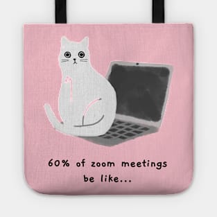 Sitting on laptop (black caption) Tote