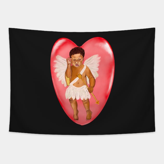 The Best Valentine’s Day Gift ideas 2022, Confused Cupid in a Redbubble .... baby angel holding an arrow - In a contemplative pose with curly Afro Hair and gold arrow Tapestry by Artonmytee