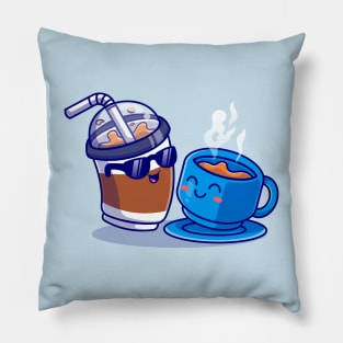 Cute Ice Coffee With Hot Coffee Cartoon Pillow