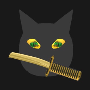 Halloween Ninja Cat. Black Cat with Jack o Lantern Eyes and Sword. (Black Background) T-Shirt