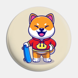 Cool Shiba Inu Dog With Skateboard Cartoon Pin