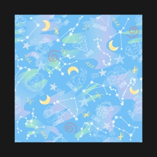 Astrology Zodiac Signs Night Sky Seamless Pattern light blue T-Shirt