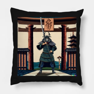 Japanese Samurai in front of Torii Gate Pillow