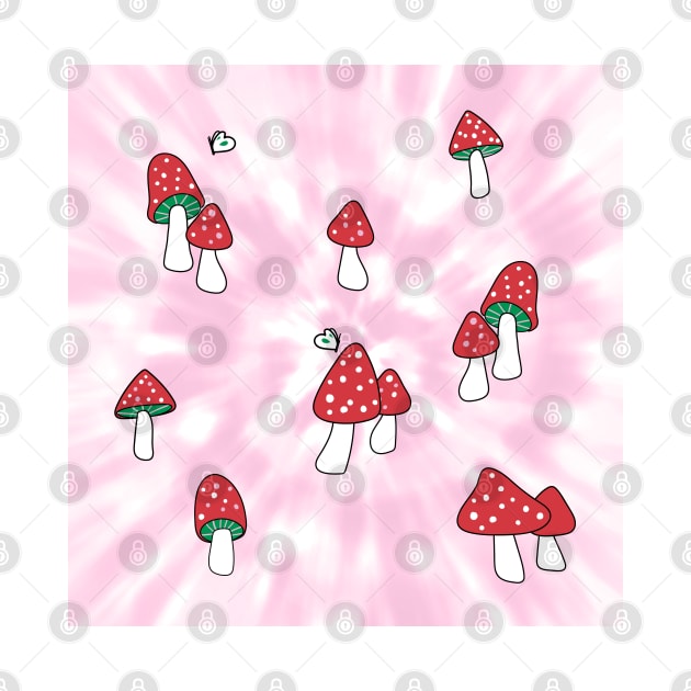 Aesthetic Red Hatted Mushrooms and Butterflies on a Pink Pastel Tie Dye Background by YourGoods