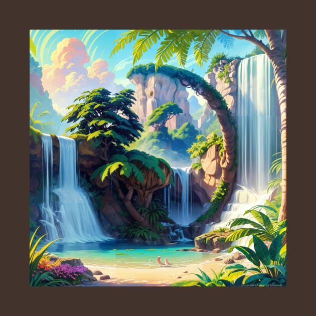 Verdant Jungle Waterfall Illustration with a Hidden Cat Outline by ravel.live