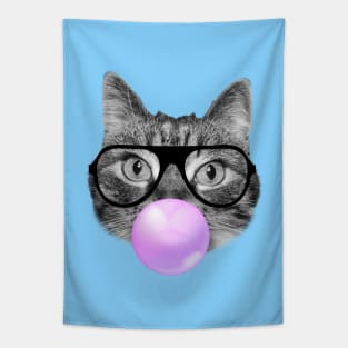 Cute fluffy hipster cat and a pink bubble gum Tapestry