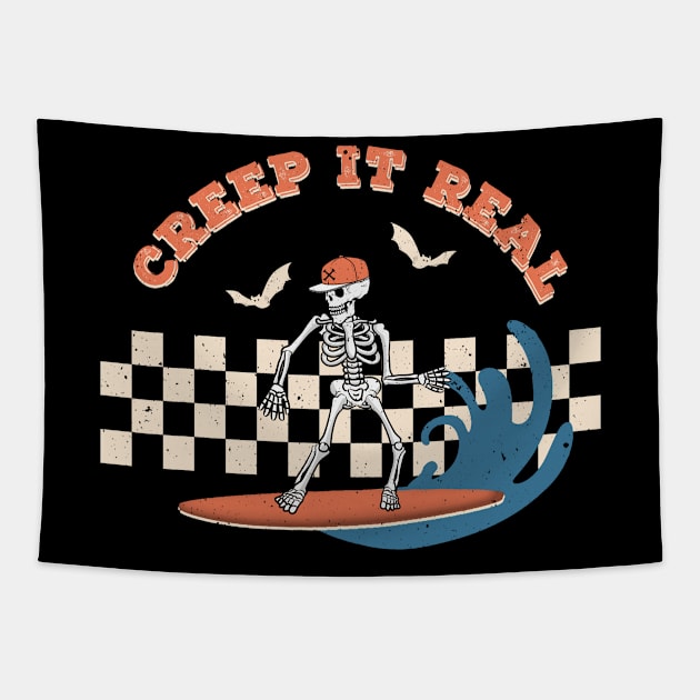 Funny Creep It Real - Surfing Halloween Skeleton Tapestry by Daytone