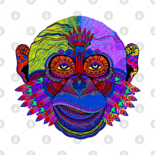 Multicolored Pop Art Monkey Face with Feathers by EDDArt