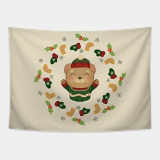 Cozy Winter Teddy Bear Christmas Wreath Tapestry