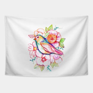 floral bird illustration with rainbow colors, peonies, pink flowers, pink bird, cute illustration Tapestry