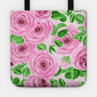 Pink watercolor roses with leaves and buds pattern Tote