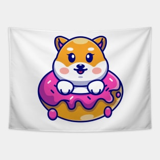 Cute baby shiba inu dog with doughnut cartoon Tapestry