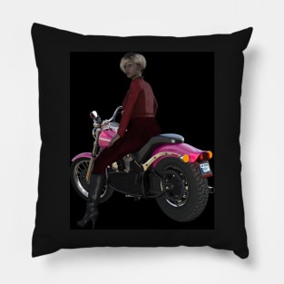 Young woman riding pink  motorcycle Pillow