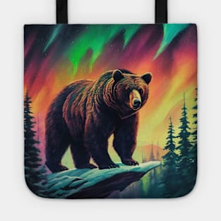 Brown Bear with Forest and Borealis, Colorful, Beautiful Tote