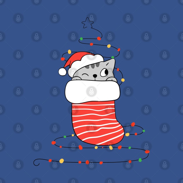 Cat in red sock with Christmas light. by stark.shop