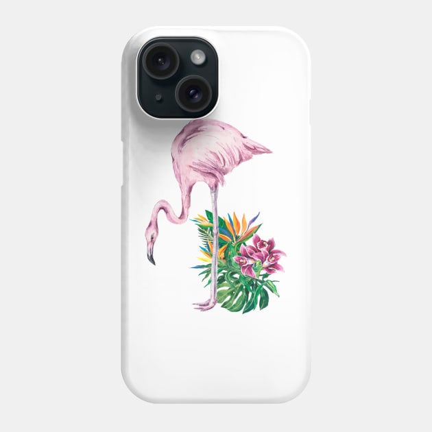 Pink Flamingo and Tropical Flowers Watercolor Art Phone Case by AdrianaHolmesArt