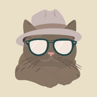 Chic Tabby: Minimalist Cat Art with Grey Hat & Sunglasses T-Shirt