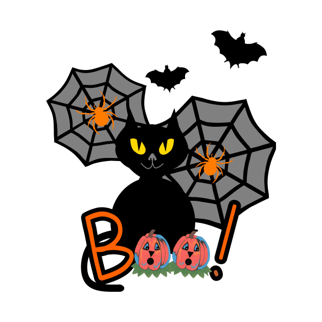 BLACK Cat Happy Halloween With Bats And Pumpkins by SartorisArt1