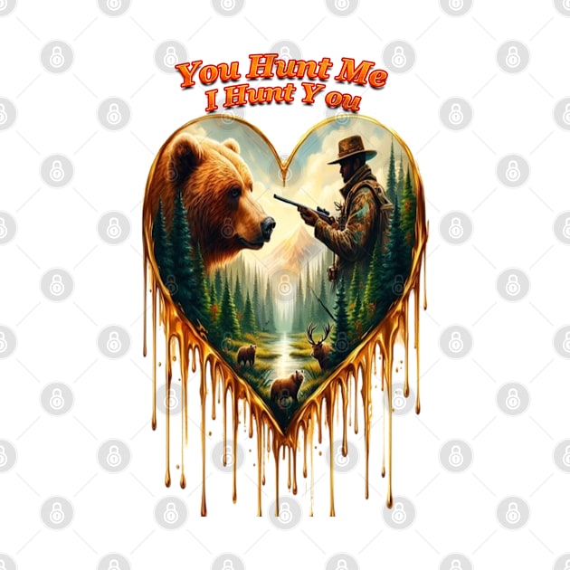 Heart-Shaped Artwork Depicting the Relationship Between Hunter, Bear, and Deer in a Forest Setting by coollooks