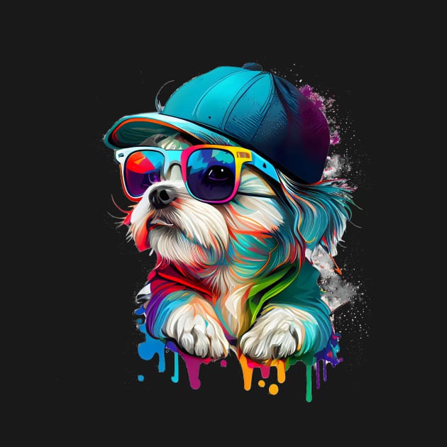 Colourful cool Malteser Terrier dog with sunglasses and Cap by MLArtifex