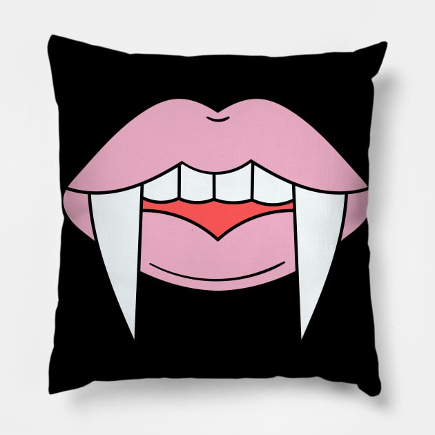 Vampire Girl fangs and pink lips Zombie Halloween Illustration Pillow by CONCEPTDVS