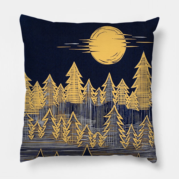 Misty, Moonlit Trees Linocut in Blue and Yellow Pillow by Maddybennettart