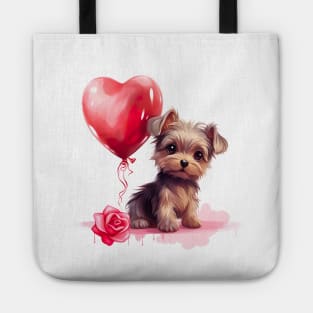 Cute Yorkshire puppy with valentine balloon and rose Tote