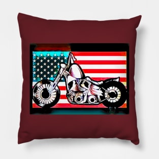 Motorcycle against American Flag Pillow