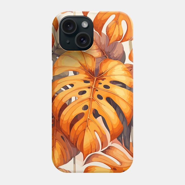 Orange Monstera Tropical Leaves Phone Case by Siha Arts