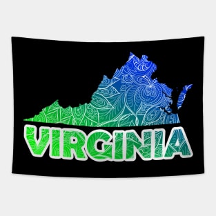 Colorful mandala art map of Virginia with text in blue and green Tapestry