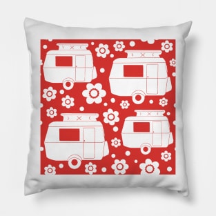 Daisy Polka Dot Vintage Caravan Pattern in Red and White Pillow