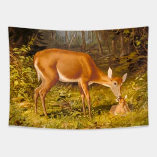 Deer and calf in nature. Colorful, vintage painting Tapestry