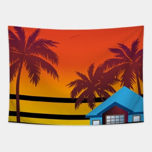 Sunset and Palm Tree, Nature, Outer Bank, Summer,Retro Tapestry