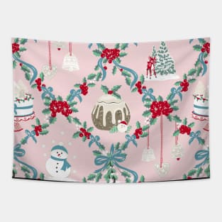 Repeat Pattern of Vintage Christmas Treats on Soft Pink Tapestry