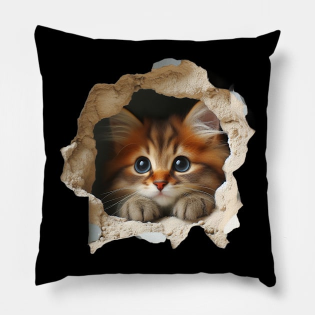 Irresistible cat emerging from a wall opening Pillow by Divineshopy