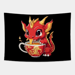 Red and Gold Dragon Sipping Tea Tapestry