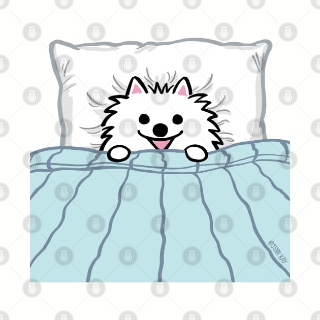 Cute White Pomeranian Tucked in Bed by Coffee Squirrel