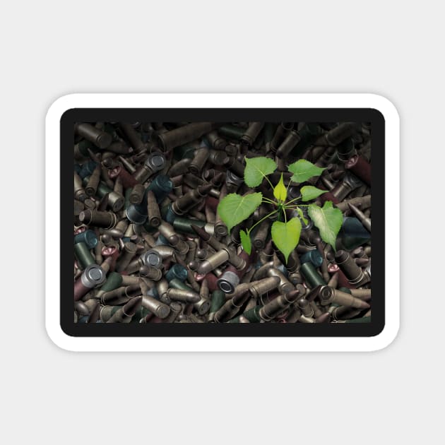 Gun Violence Hope Concept as gun shells with a green sapling growing as inspirational surreal art Magnet by lightidea