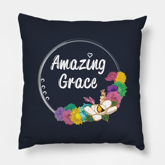 Amazing Grace Typography Colorful Floral Flower Circle Outline Spring Summer Pillow by Little Shop of Nola