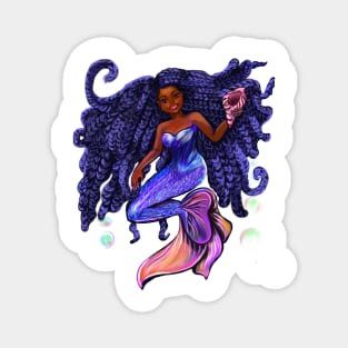 mermaid with flowing braids holding sea shell , brown eyes curly Afro hair and caramel brown skin Magnet